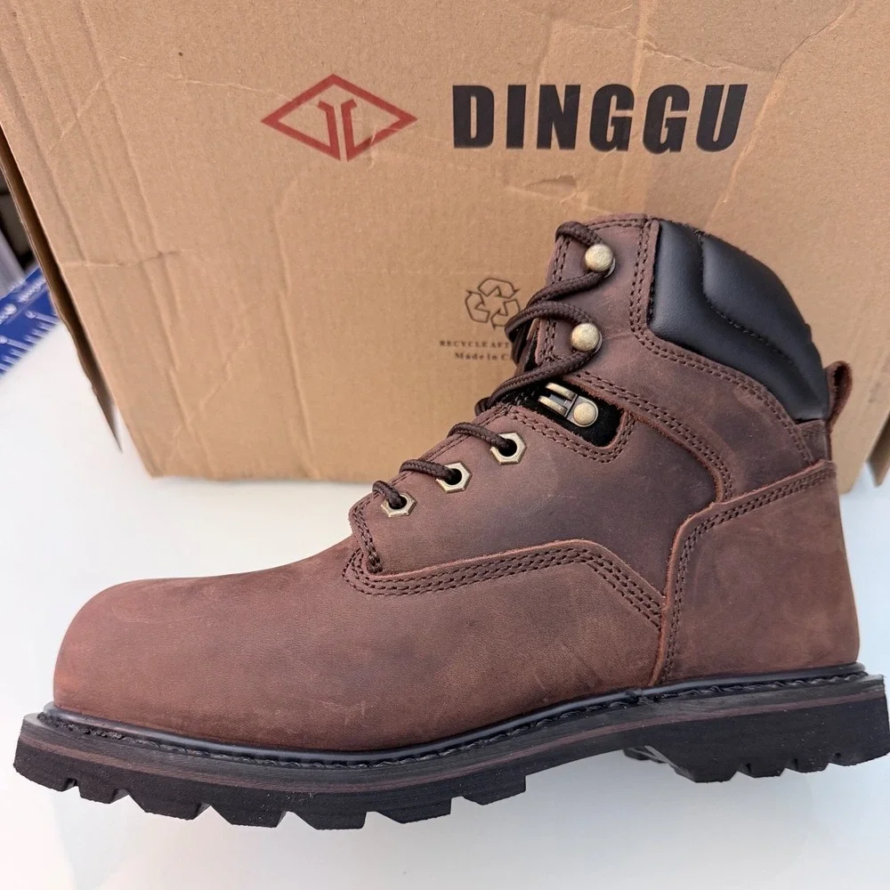 Dinggu Steel Toe Work Boots Brown Leather Puncture Resistant Safety Shoes Sz 7